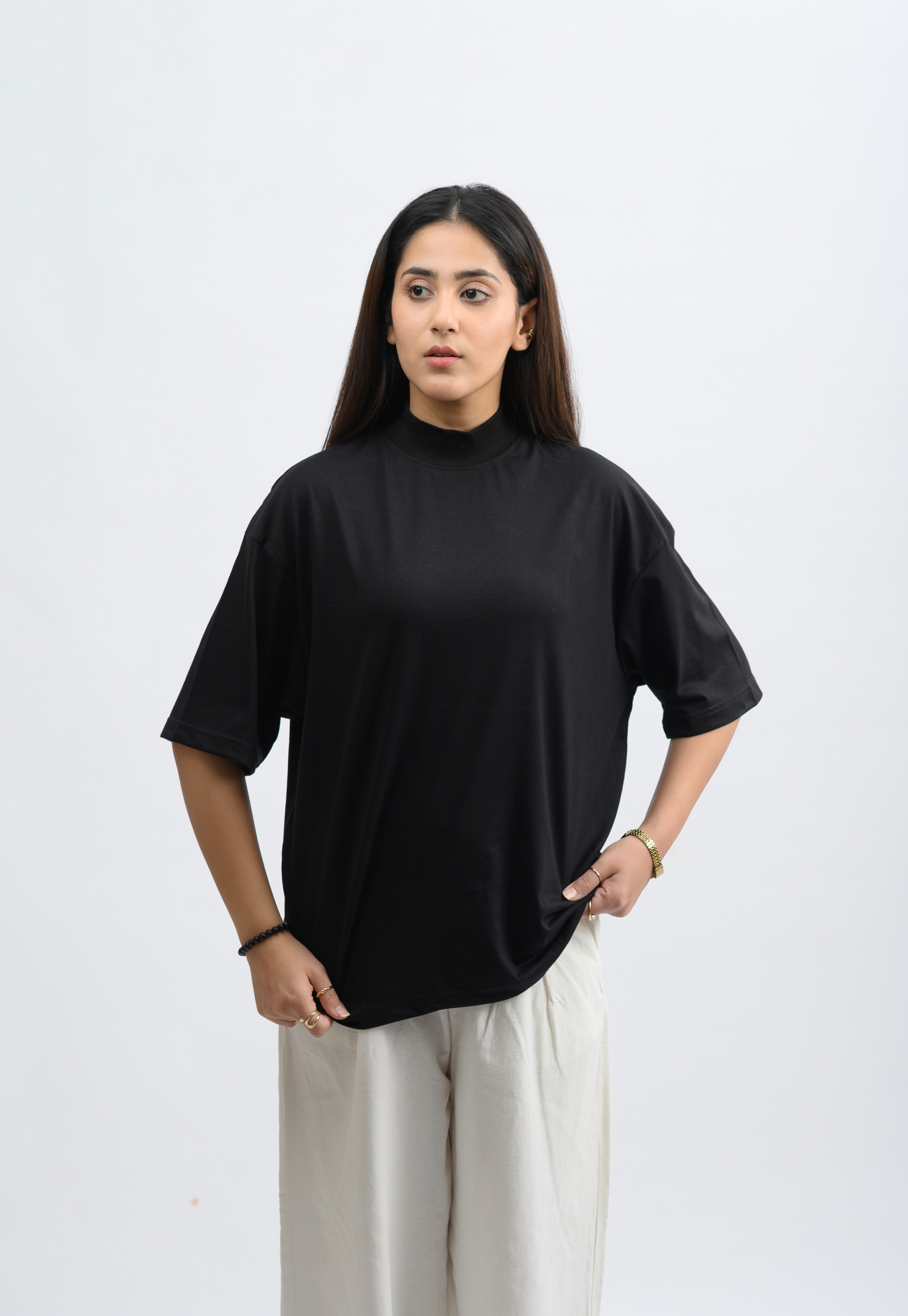 Black Mock neck Drop Shoulder Oversized Tee