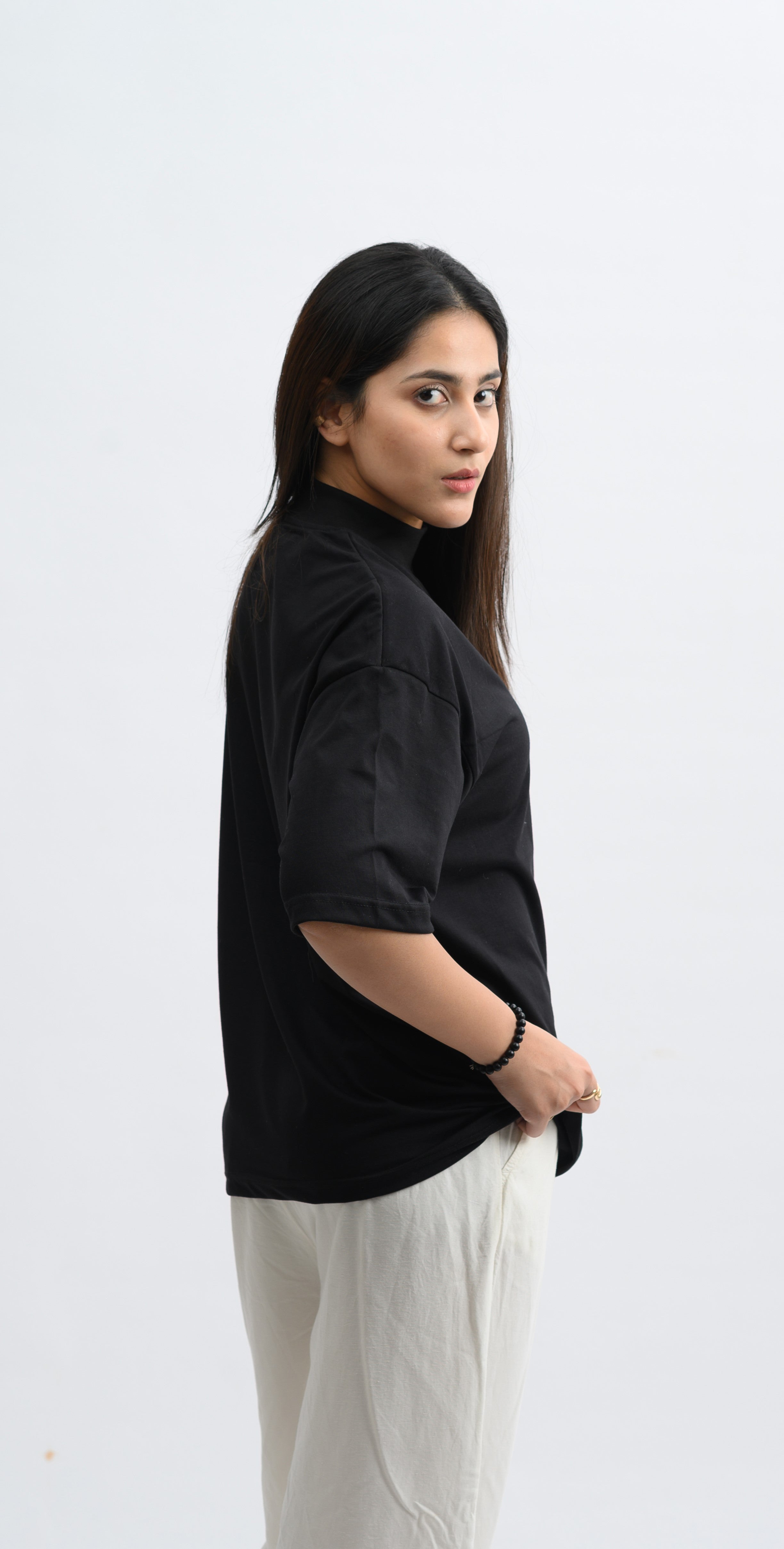 Black Mock neck Drop Shoulder Oversized Tee
