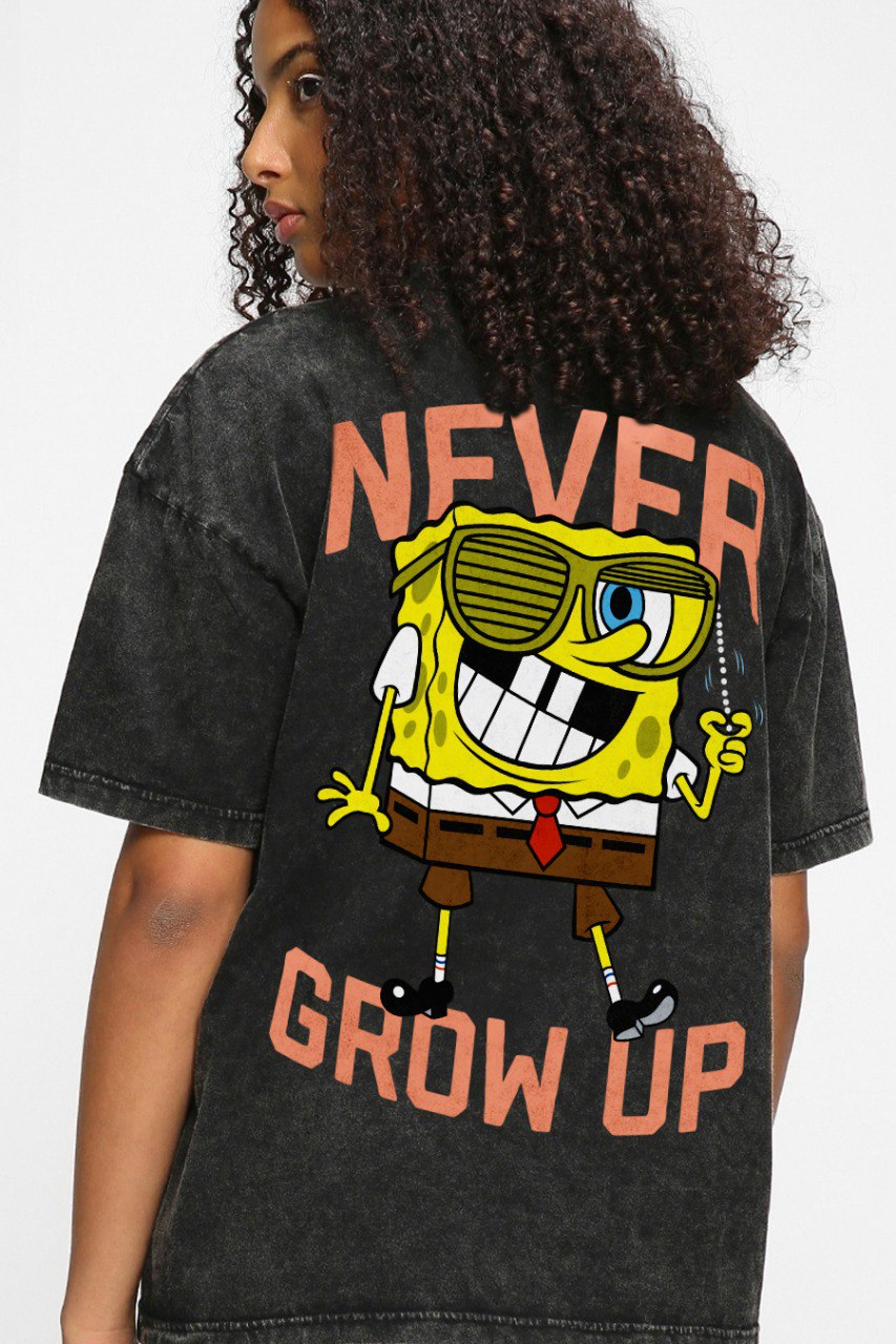 Never Grow Up - Acid Wash Oversized Graphic Tee