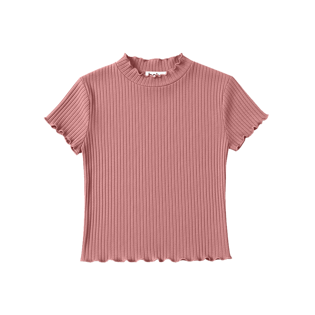 Ribbed Ruffle Mock Neck Top - Rosette