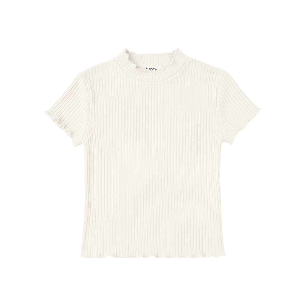 Ribbed Ruffle Mock Neck Top - Soft Beige