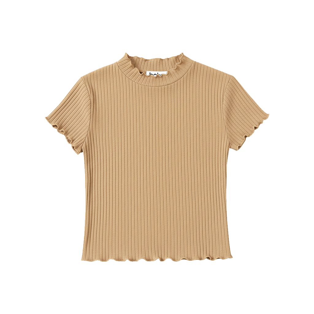 Ribbed Ruffle Mock Neck Top - Tan