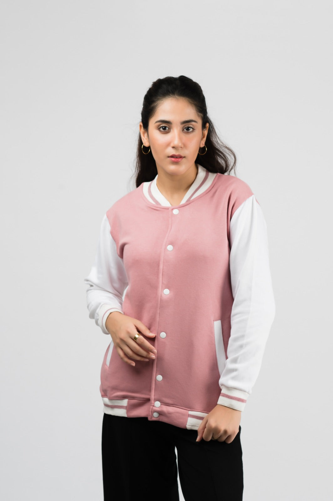 Two-tone orchid pink baseball jacket