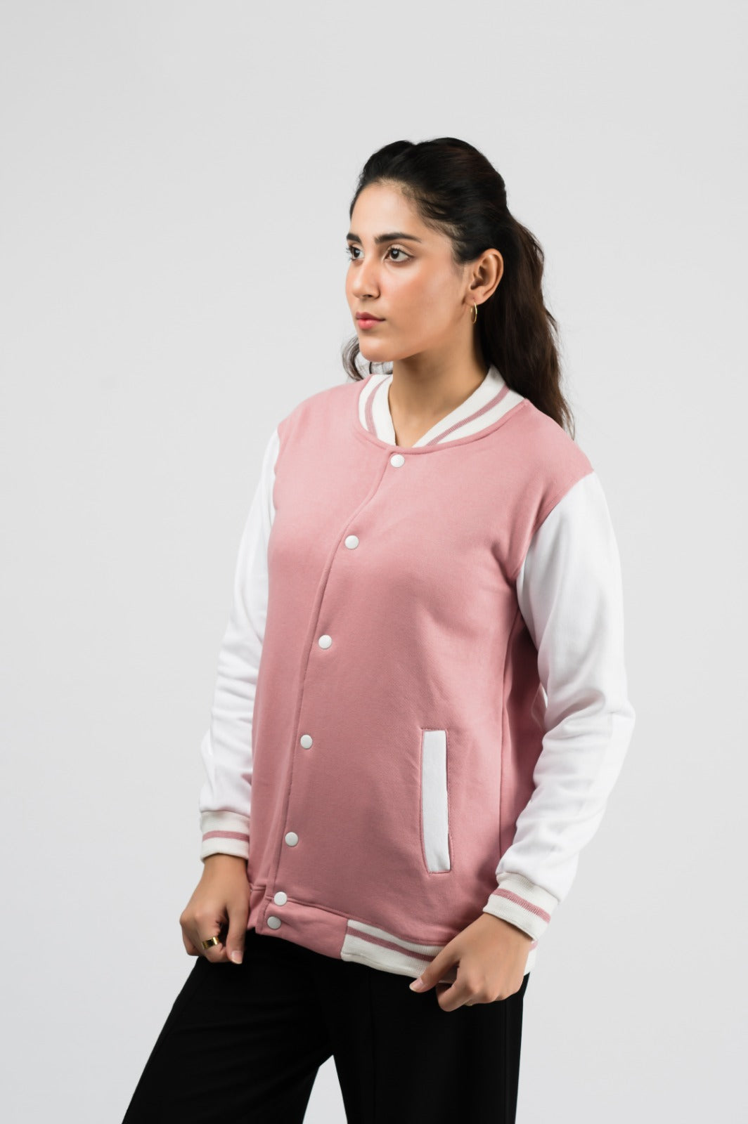 Two-tone orchid pink baseball jacket