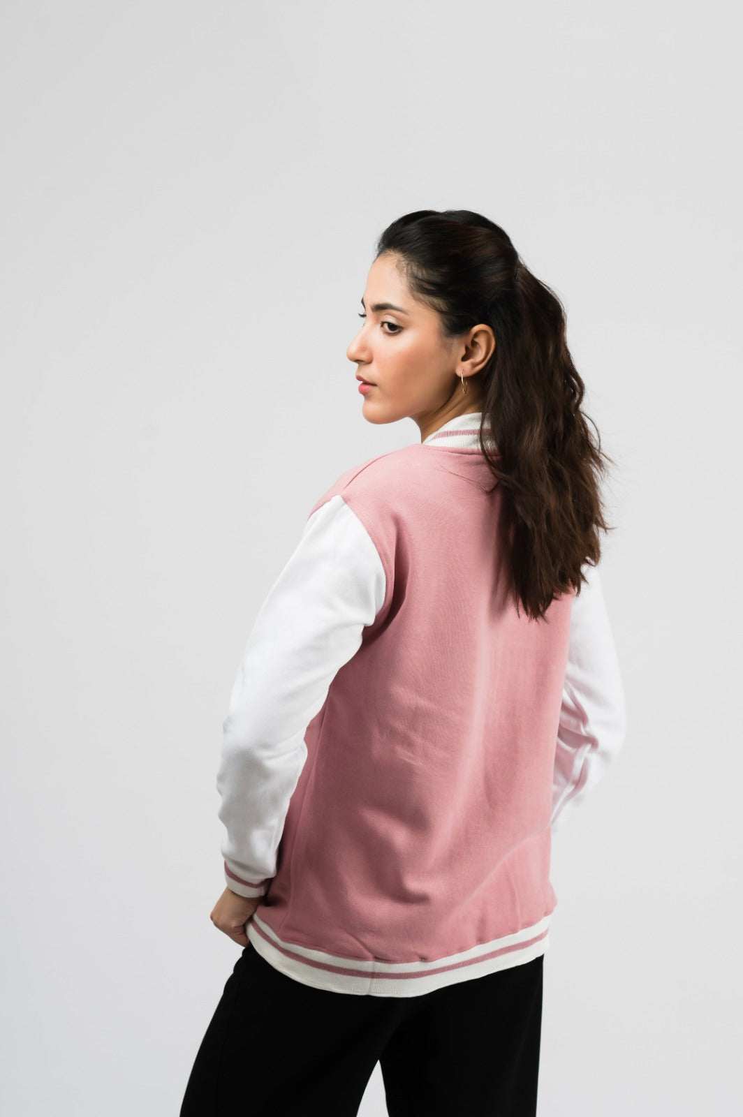 Two-tone orchid pink baseball jacket