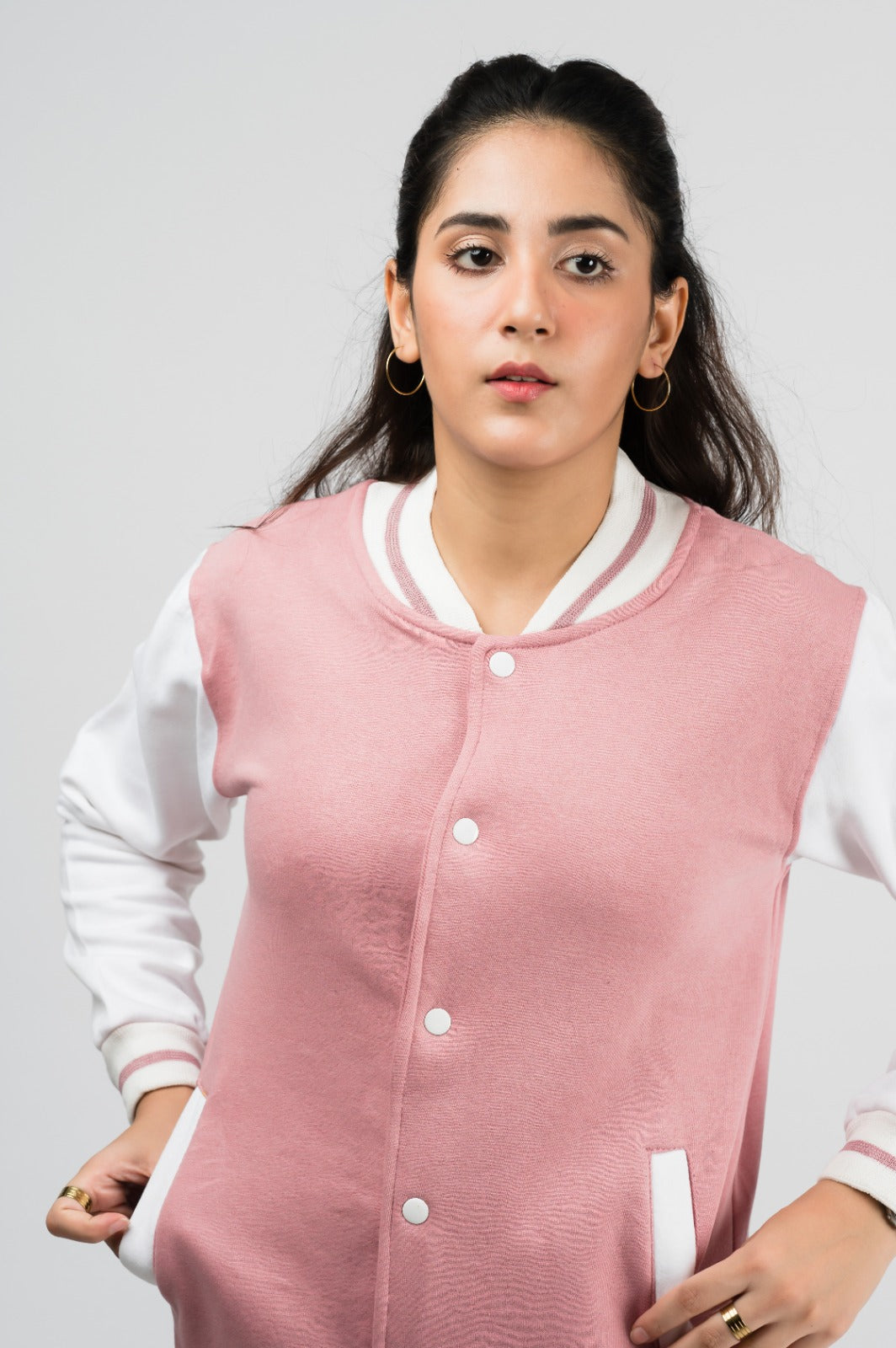 Two-tone orchid pink baseball jacket