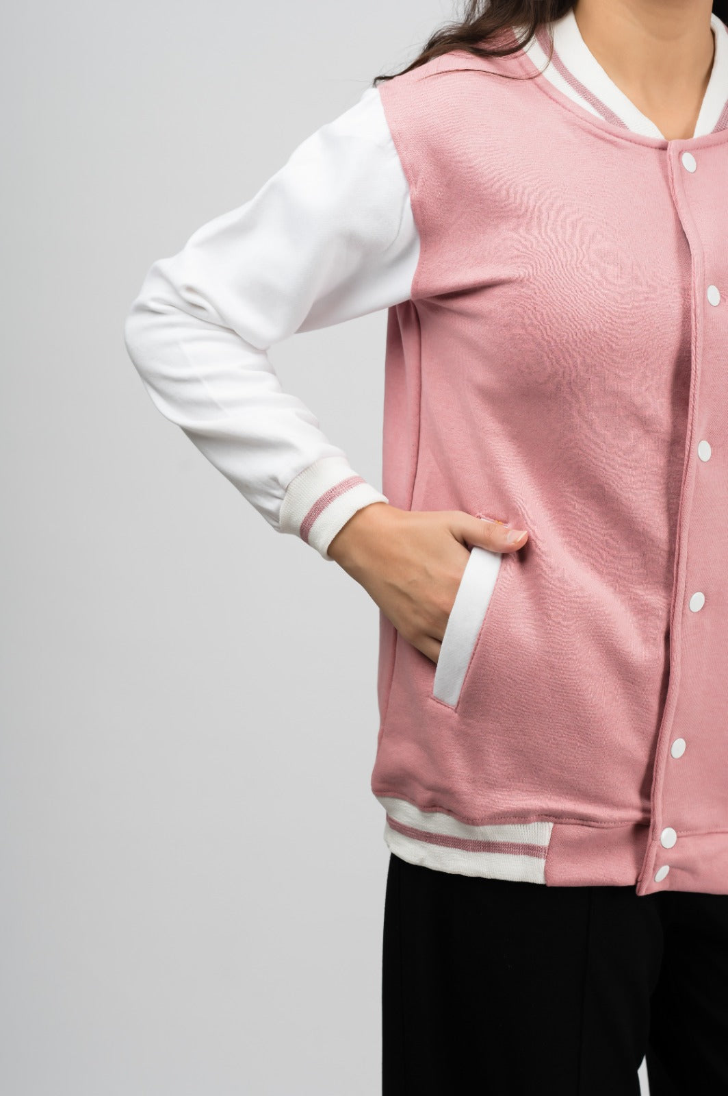 Two-tone orchid pink baseball jacket