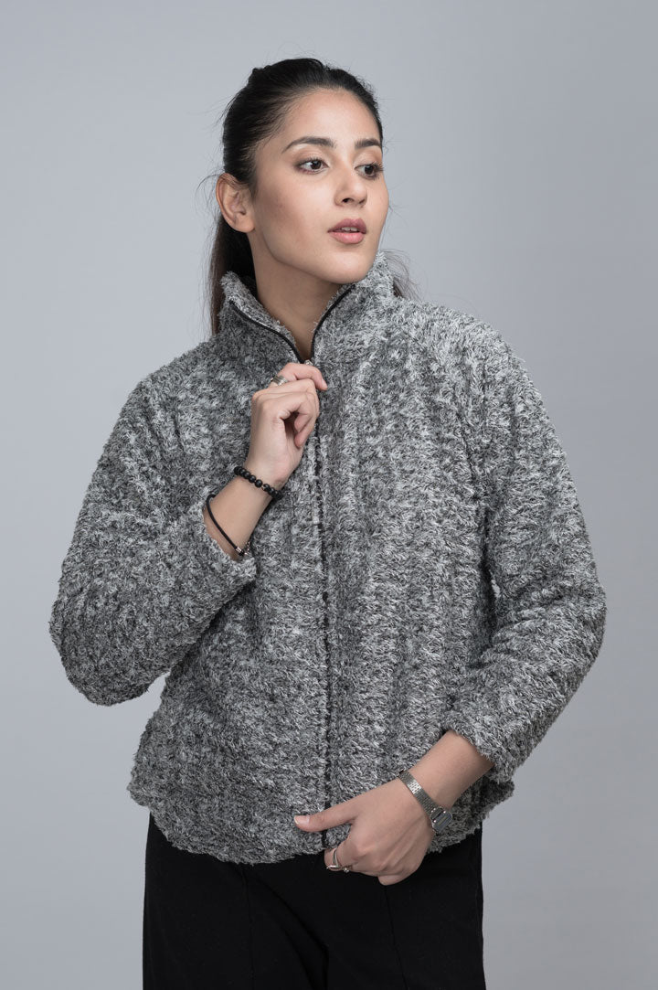 TWEED SHERPA MOCK-NECK JACKET ASH