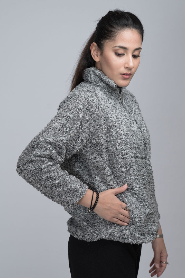 TWEED SHERPA MOCK-NECK JACKET ASH